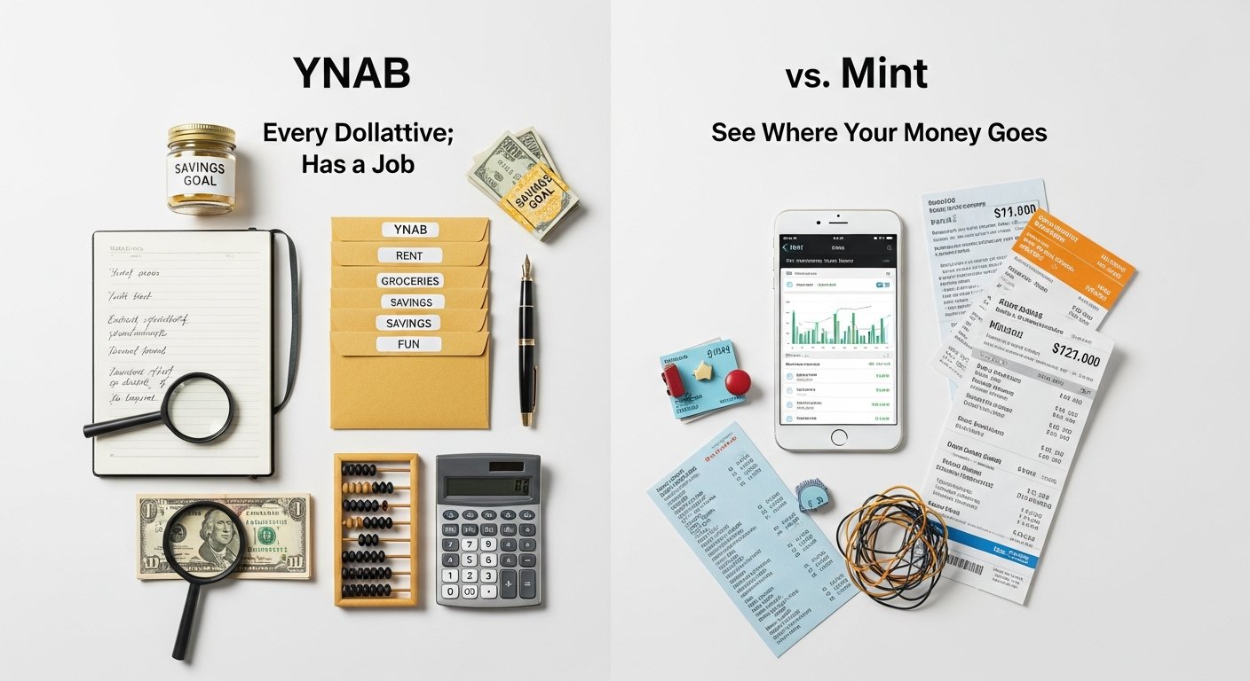 Illustration comparing YNAB and Mint budgeting apps for personal finance and fintech users