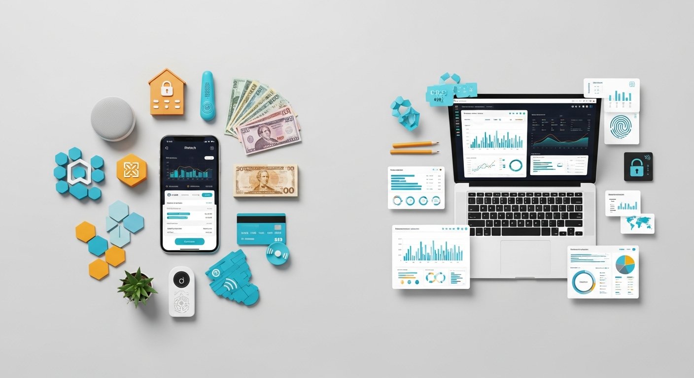 Featured illustration of a fintech personal finance app dashboard with charts and digital wallet