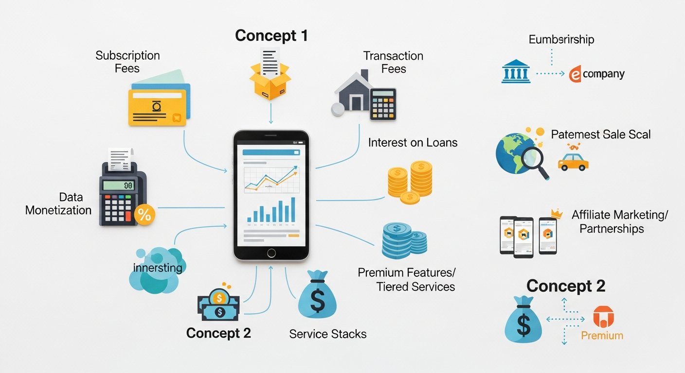 Illustration of fintech revenue streams: fees, lending, subscriptions and payment processing