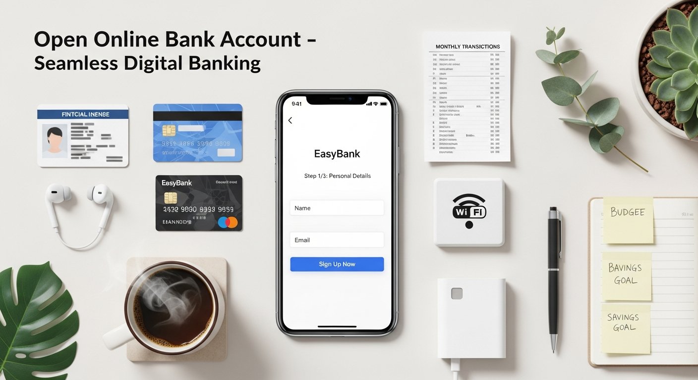 Illustration of person opening an online bank account on smartphone — personal finance and fintech concept