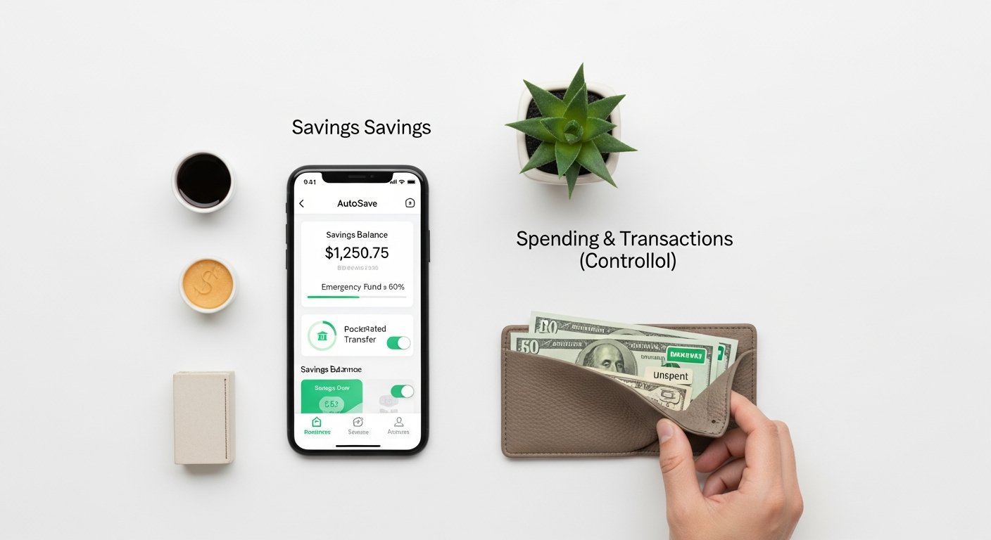Illustration of automated savings fintech app on smartphone showing growing coin stack and savings goal.