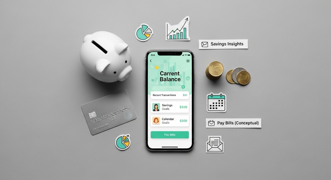 Featured illustration: mobile banking app dashboard on smartphone showing account balances, transactions, and budgeting tools