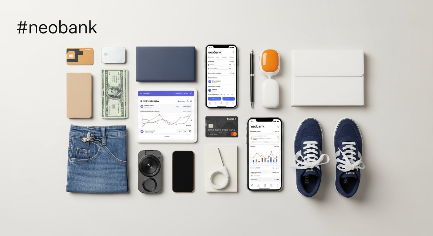 Illustration of a neobank mobile app on a smartphone showing digital banking and fintech icons