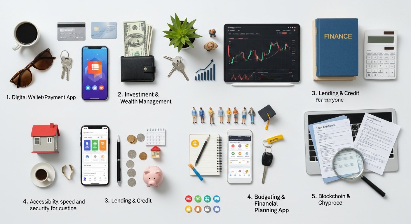 Featured illustration of personal finance and fintech sectors: mobile banking, payments, lending, investing, robo-advisors