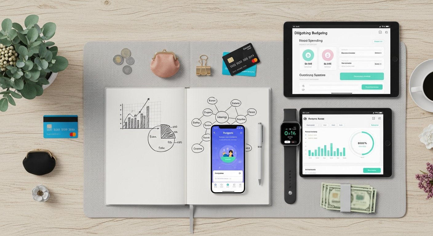 Illustration of personal finance and fintech: mobile budgeting app dashboard showing spending categories and charts