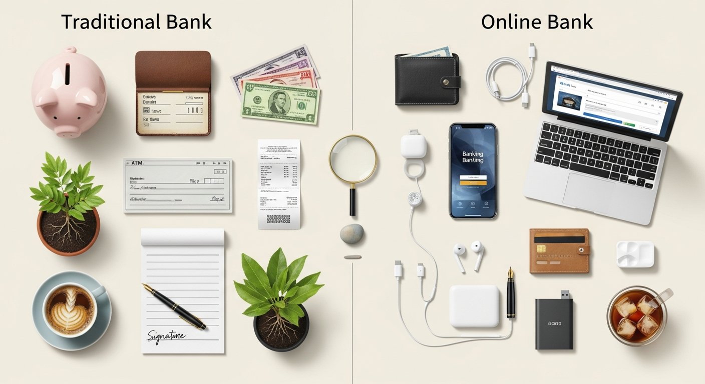 Illustration comparing online banking apps and traditional bank branches for personal finance and fintech users
